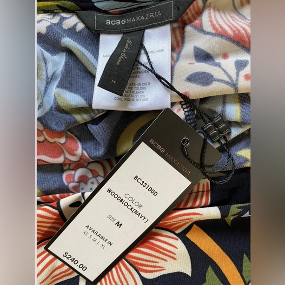 BCBGMAXAZRIA Woodblock Navy Folk Art Floral Dress Tie Waist Peplum Sheath Dress - Picture 9 of 11